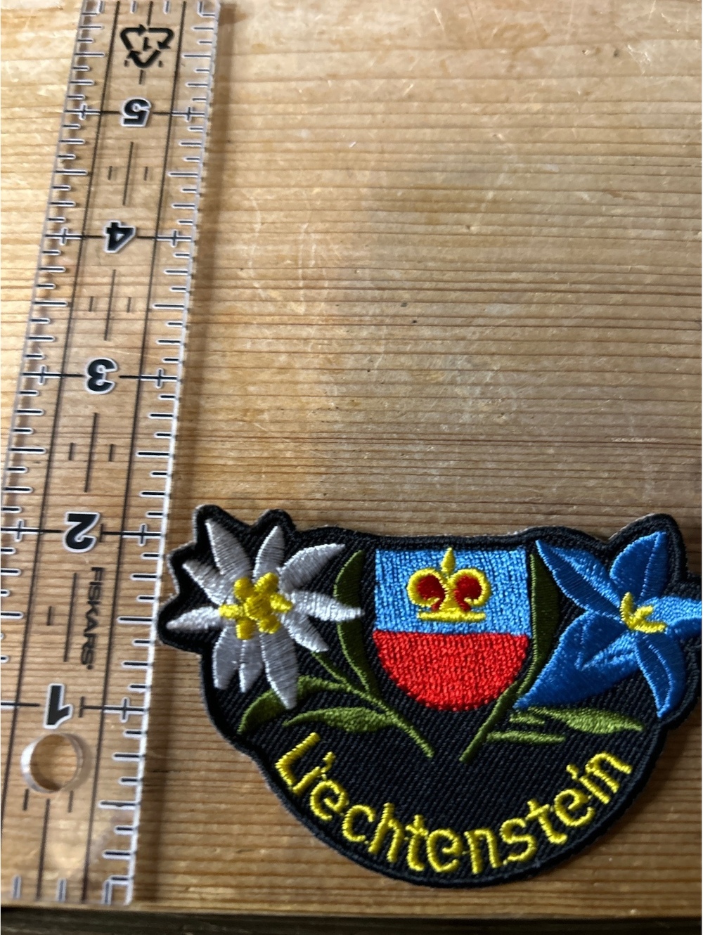 Liechtenstein Embroidered Patch with Edelweiss and Blue Flower